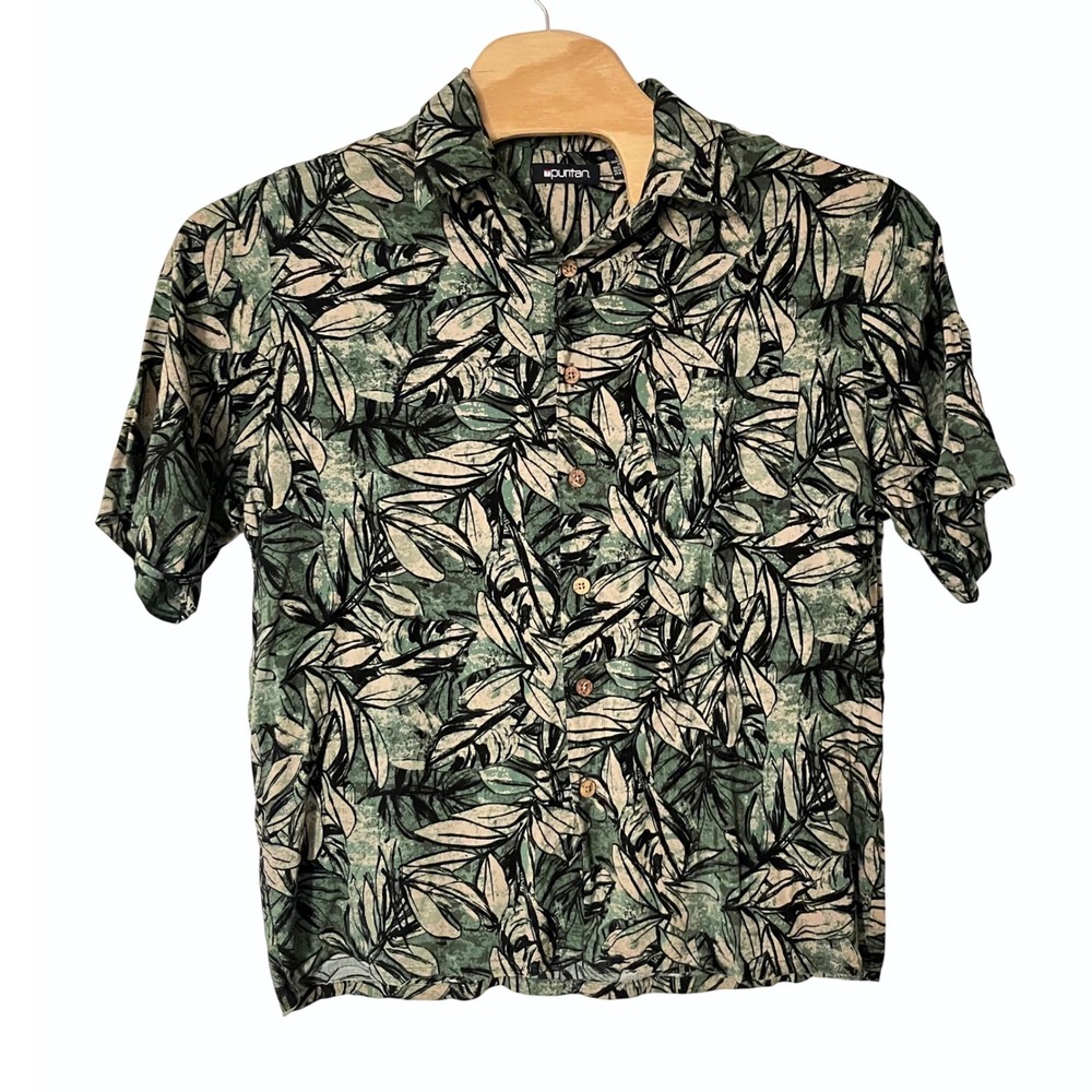 Puritan Mens Large Green Tropical Leaf Print Viscose Rayon Button Down Shirt L